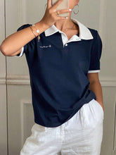 Contrast Color Polo Collar Letter Embroidered Fitted Short Sleeve T-Shirt